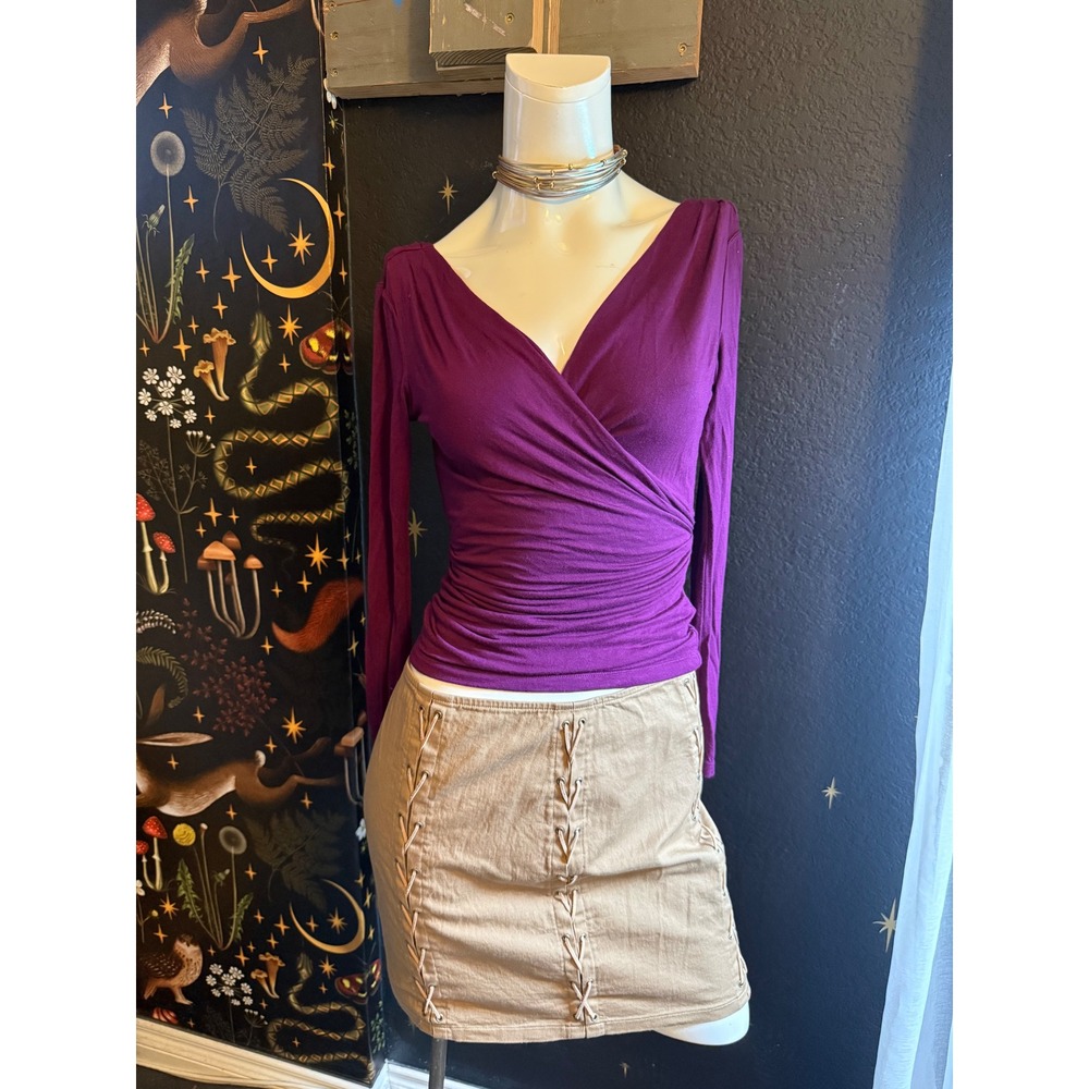 Free People Plum Purple Long Sleeve Surplice Wrap Top V-Back Ruched XS